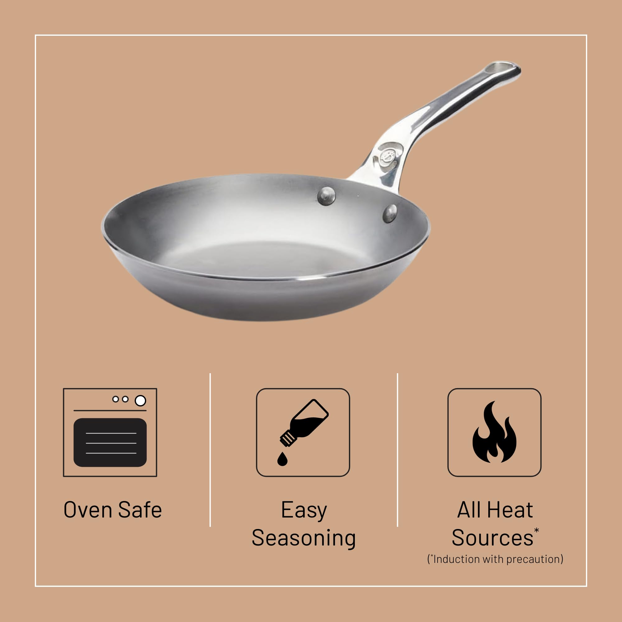 De Buyer MINERAL B Pro Carbon Steel Fry Pan - 8” - Ideal for Searing, Sauteing & Reheating - Naturally Nonstick - Made in France