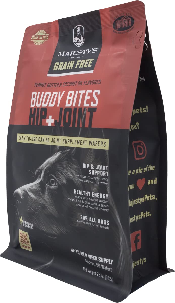 Majesty's Grain-Free Buddy Bites Hip and Joint Wafers for Medium / Large Dogs - Superior Support Supplement - Carob and Sweet Potato Flavored - 56 Count (Up To 8 Week Supply)