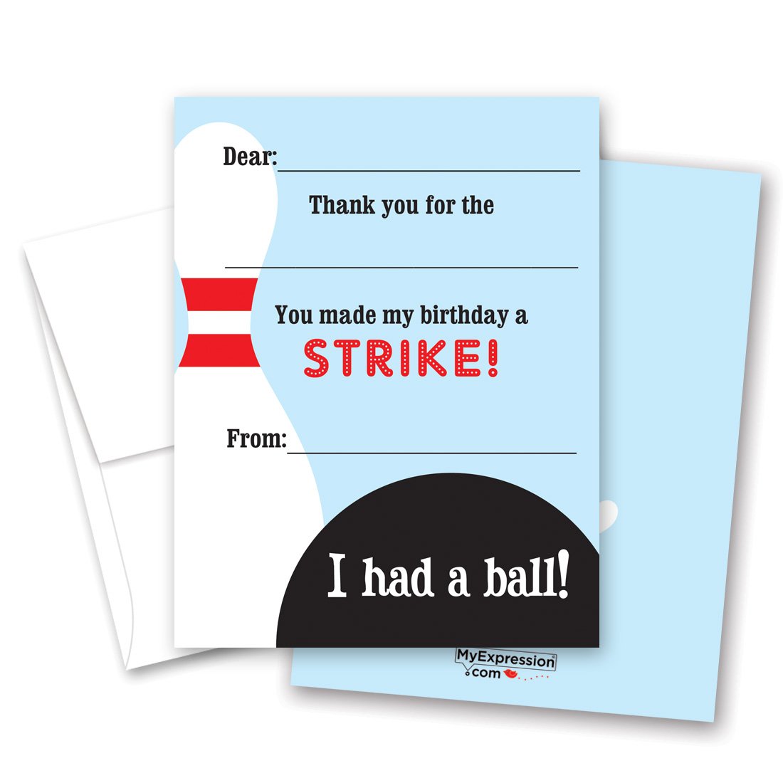 MyExpression.com 20 Fun Bowling Fill-in Children Birthday Thank You Cards