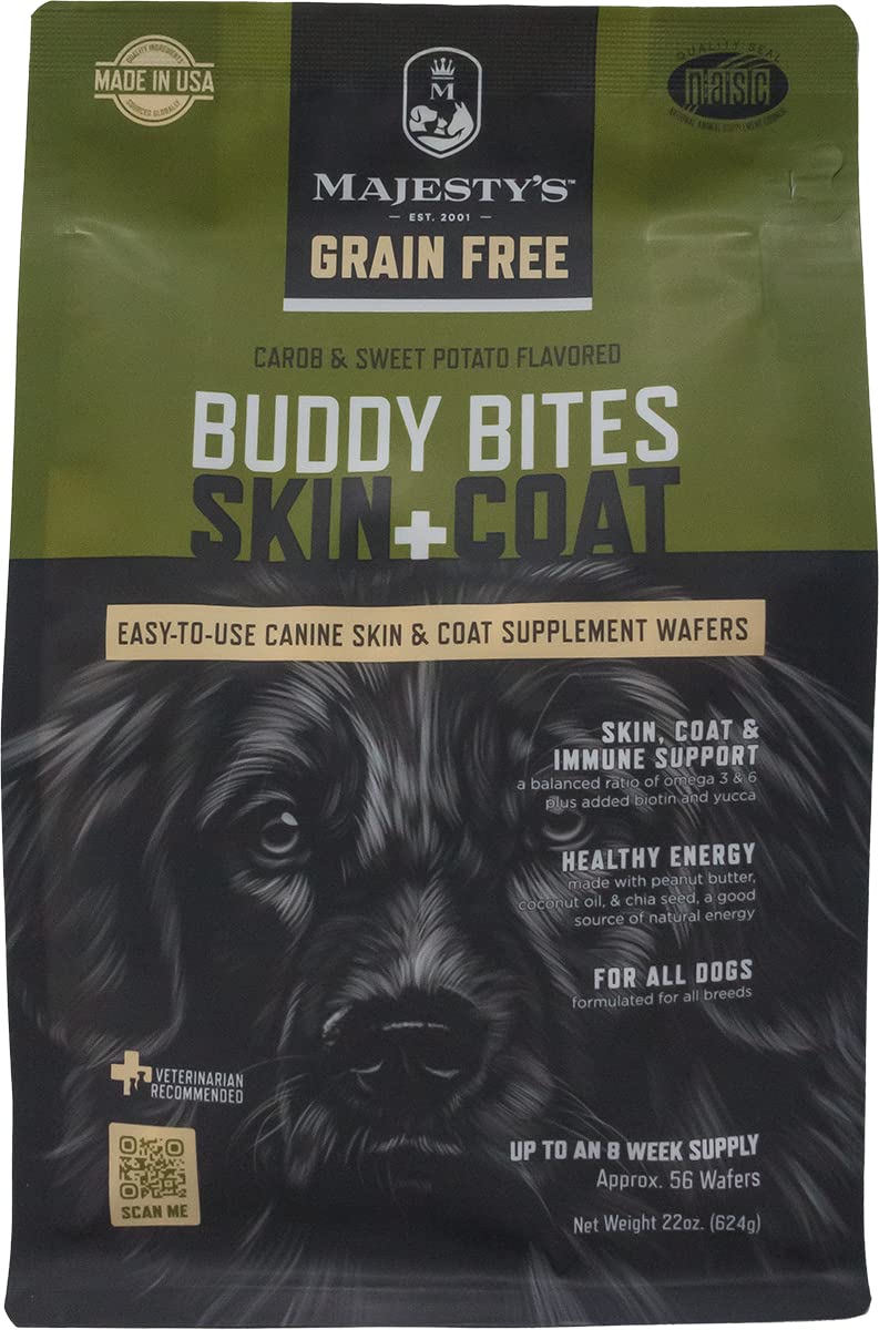 Majesty's Grain-Free Buddy Bites Skin and Coat Wafers for Medium / Large Dogs - Superior Skin, Coat, and Immune Support Supplement - Carob and Sweet Potato Flavored - 56 Count (Up To 8 Week Supply)