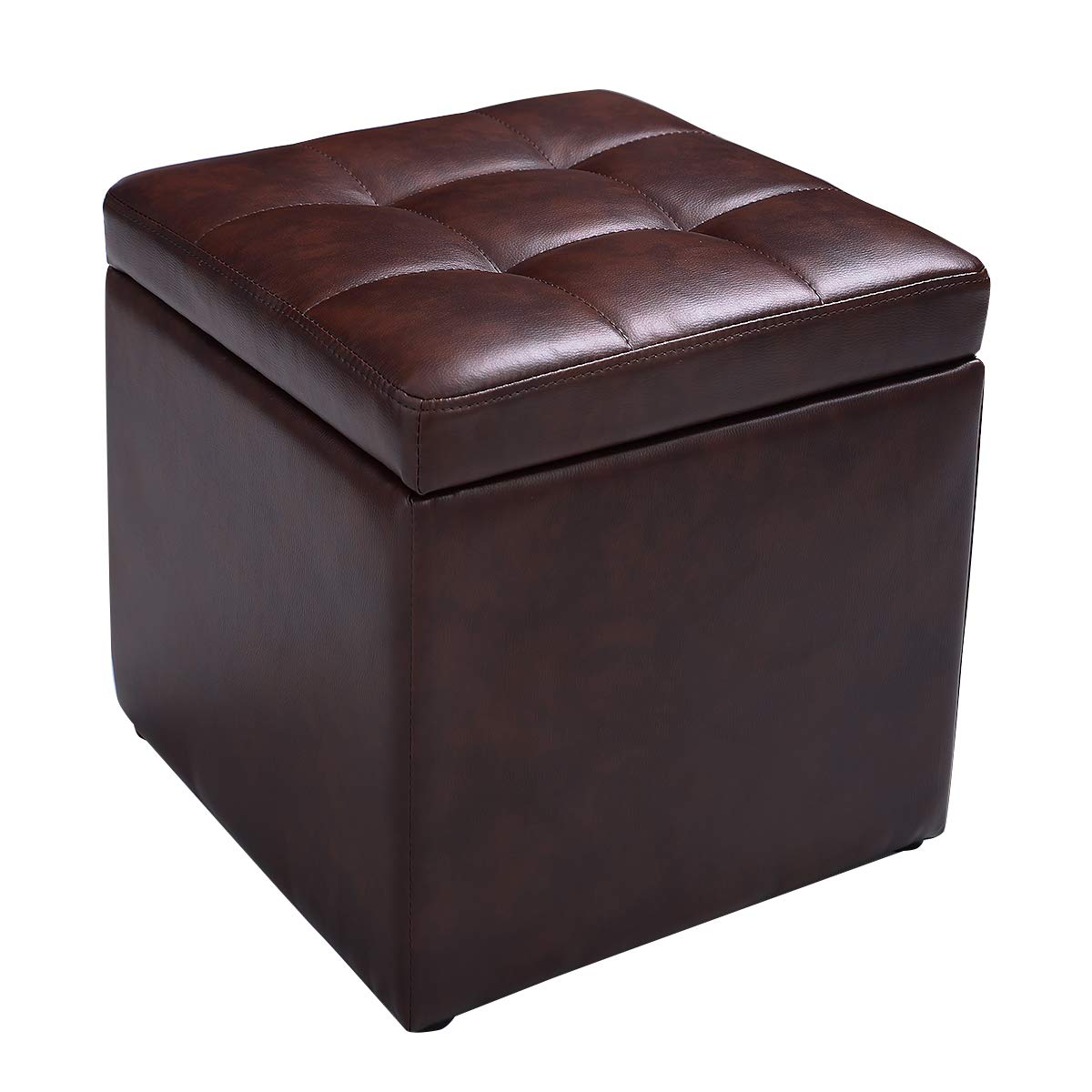 Giantex 16” Cube Ottoman Pouffe Storage Box Lounge Seat Footstools W/Hinge Top and Bottom Feet Home Living Room Bedroom Furniture Storage Ottoman 16”×16” ×16”Footrest (Red Brown)