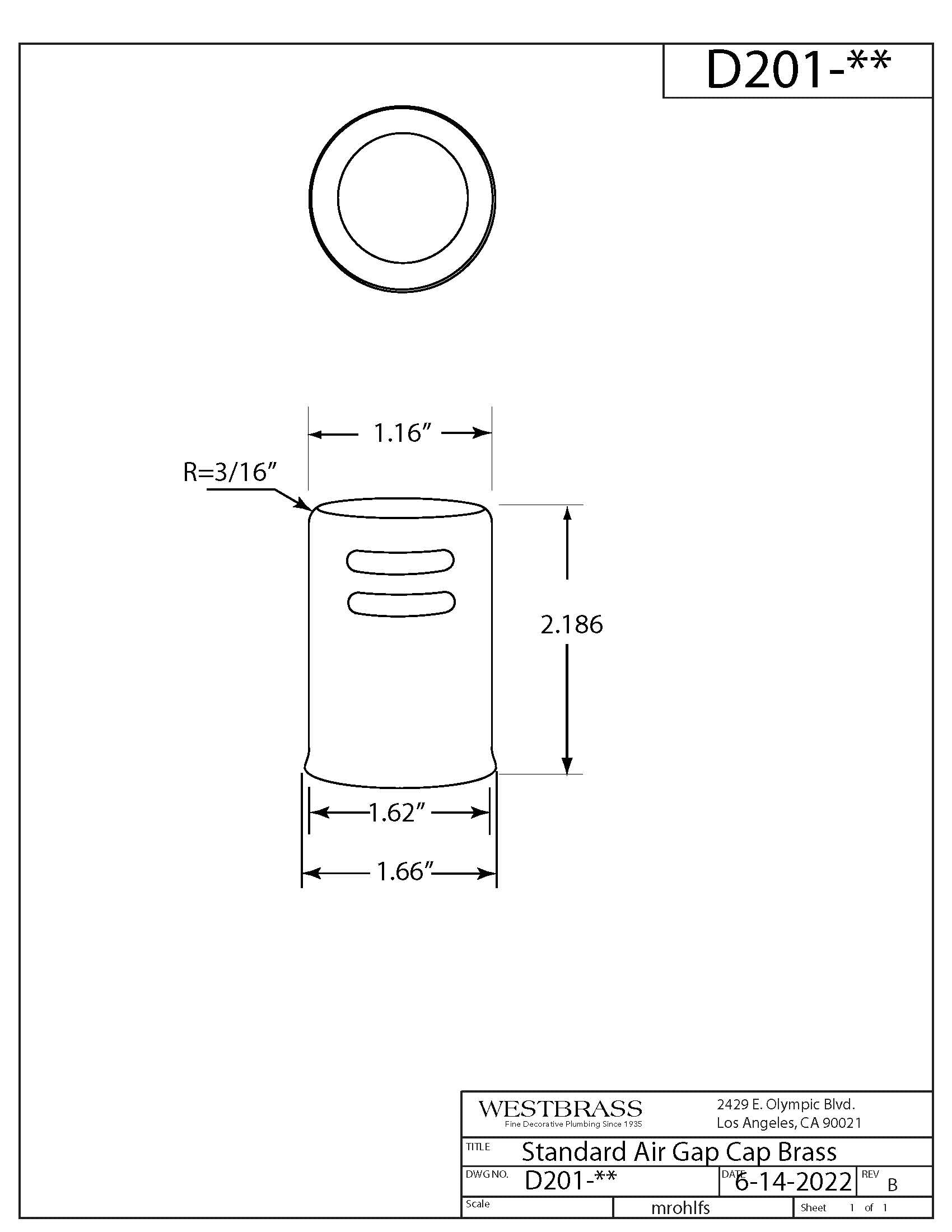 Westbrass D201-07 1-5/8" x 2-1/4" Soild Brass Air Gap Cap Only, Non-Skirted, Satin Nickel