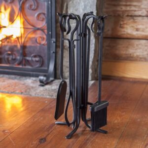 Plow & Hearth 5 Piece Hand Forged Iron Compact Fireplace Tool Set | Poker | Tongs | Shovel | Broom | Hearth Accessory| Black Finish | 10.25" x 20"H