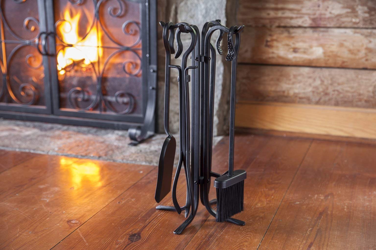 Plow & Hearth 5 Piece Hand Forged Iron Compact Fireplace Tool Set | Poker | Tongs | Shovel | Broom | Hearth Accessory| Black Finish | 10.25" x 20"H