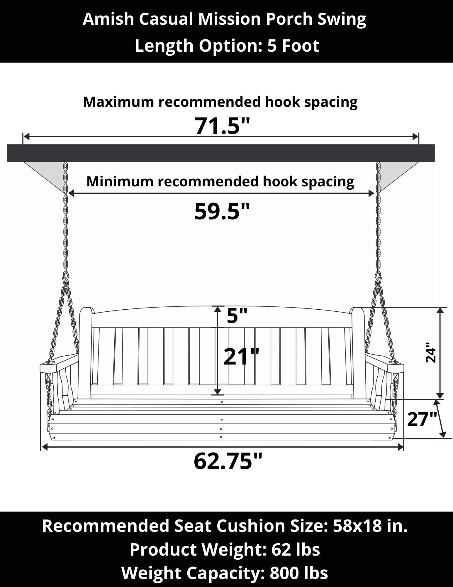 Amish Casual Heavy Duty 800 Lb Mission Treated Porch Swing with Hanging Chains (5 Foot, Unfinished)