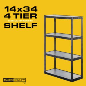 BLACK & YELLOW, 4-Tier Medium-Strength Plastic Storage Shelving Unit (Black), 75lbs per Shelf Capacity (52.1”H x 34.8”W x 14.6”D), for Indoor Storage and Organization