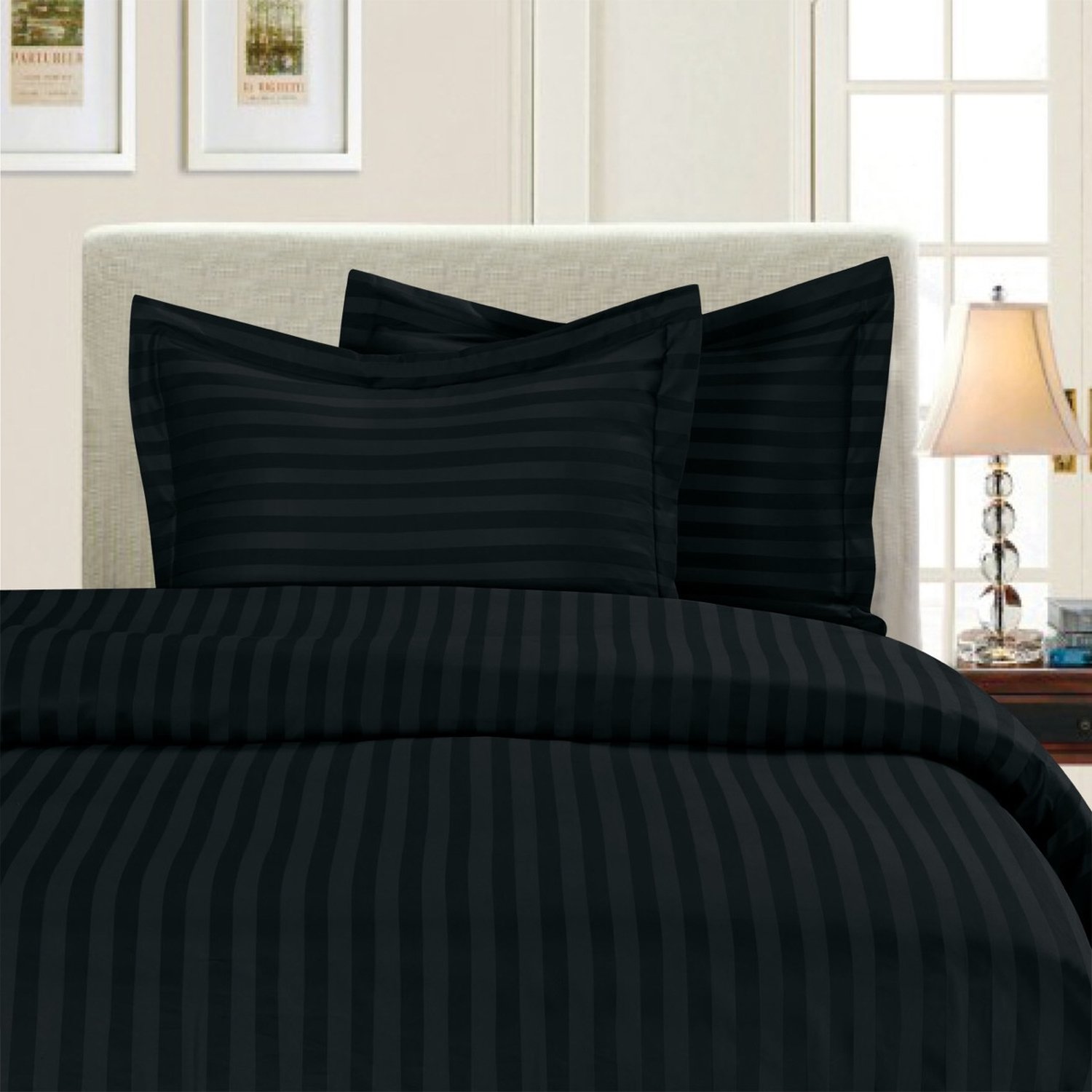 Elegant Comfort 1500 Thread Count -Damask Stripes- Egyptian Quality Luxurious Silky Soft Wrinkle & Fade Resistant 3pc Duvet Cover Set, Full/Queen, Black