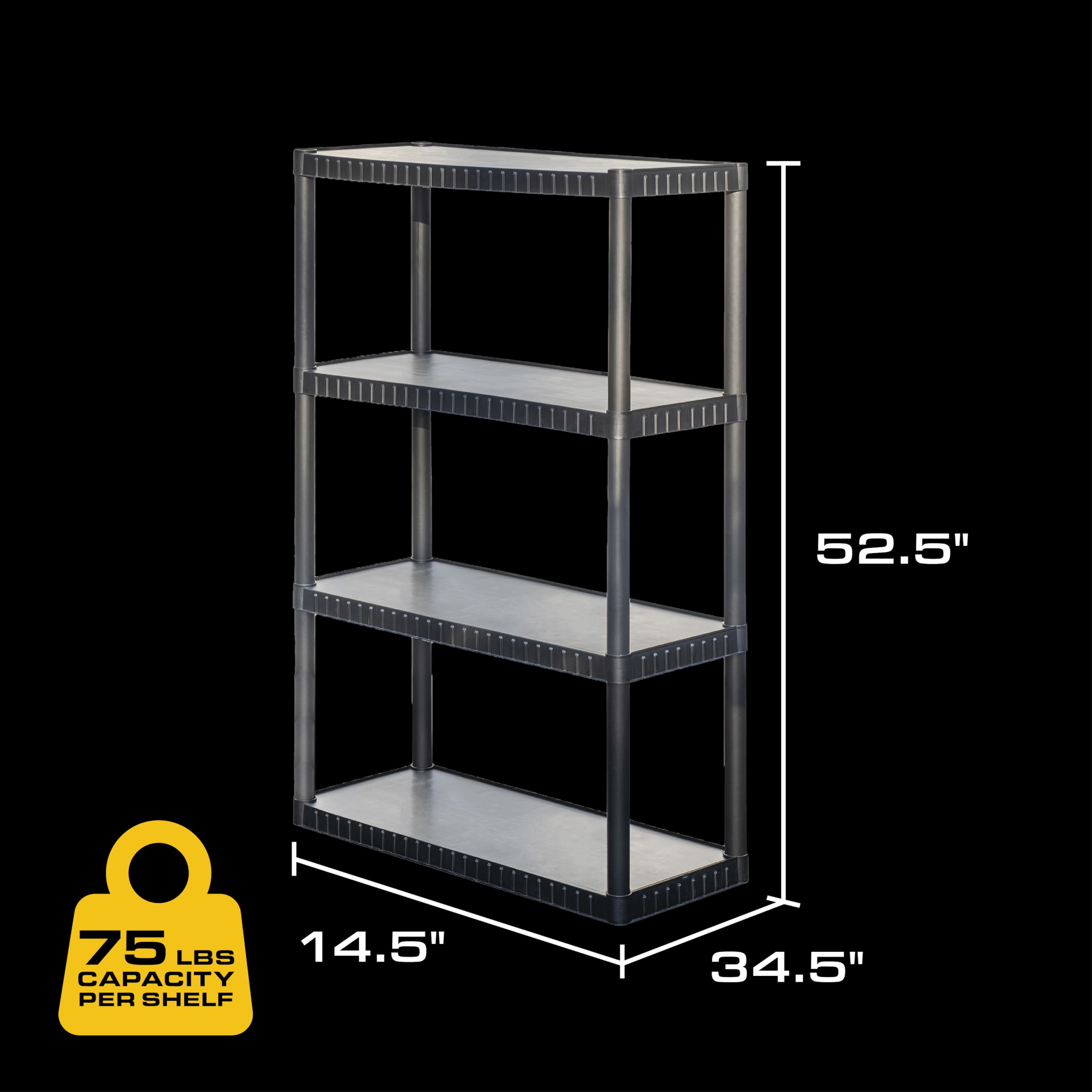 BLACK & YELLOW, 4-Tier Medium-Strength Plastic Storage Shelving Unit (Black), 75lbs per Shelf Capacity (52.1”H x 34.8”W x 14.6”D), for Indoor Storage and Organization