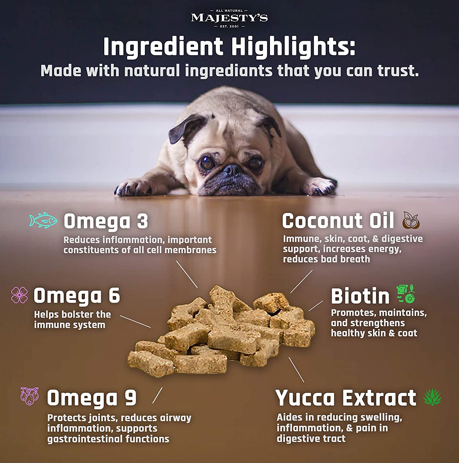 Majesty's Grain-Free Buddy Bites Skin and Coat Wafers for Medium / Large Dogs - Superior Skin, Coat, and Immune Support Supplement - Carob and Sweet Potato Flavored - 56 Count (Up To 8 Week Supply)