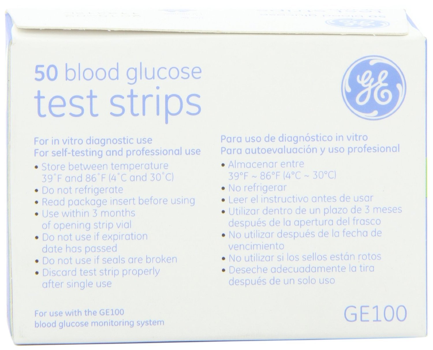 GE100 Blood Glucose Test Strips - 4/Boxes of 50 Strips = 200/Total Strips