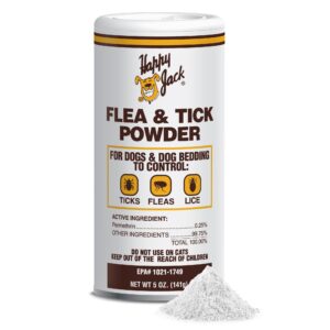 happy jack flea and tick powder for dogs & puppies, flea powder for carpets, flea treatment & control, kills fleas, ticks & lice, odorless & non-staining, dust on sleeping quarters & furniture (5 oz)