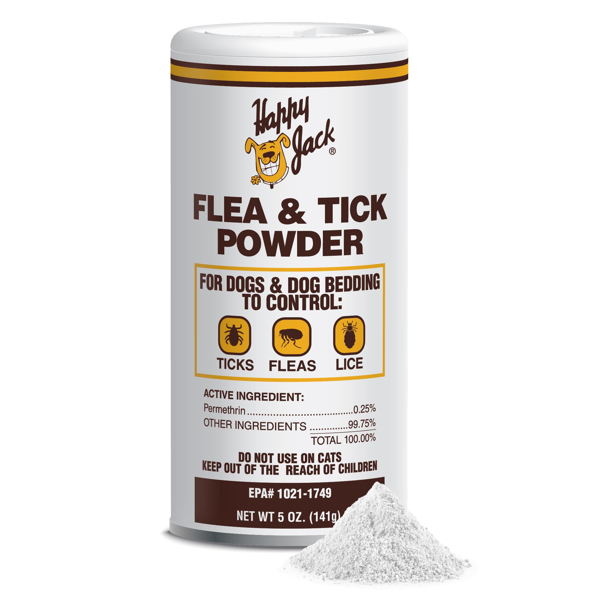 Happy Jack Flea and Tick Powder for Dogs & Puppies, Flea Powder for Carpets, Flea Treatment & Control, Kills Fleas, Ticks & Lice, Odorless & Non-Staining, Dust on Sleeping Quarters & Furniture (5 oz)