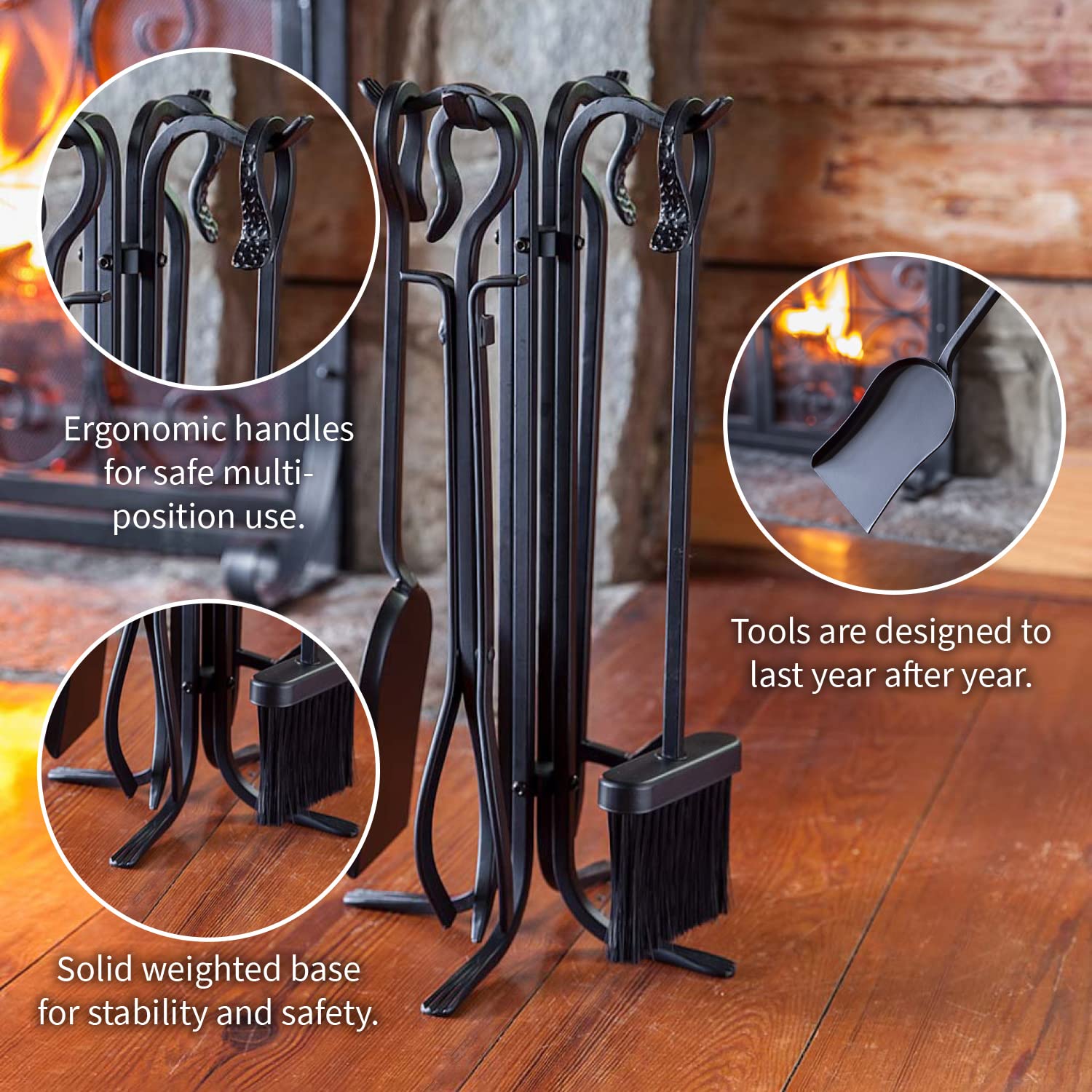 Plow & Hearth 5 Piece Hand Forged Iron Compact Fireplace Tool Set | Poker | Tongs | Shovel | Broom | Hearth Accessory| Black Finish | 10.25" x 20"H