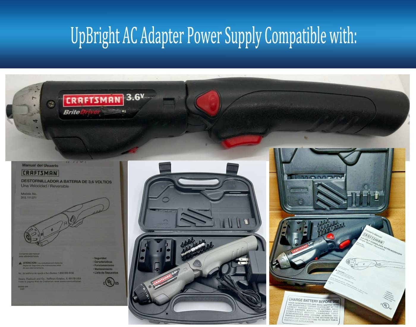 UpBright 4.5V AC Adapter Compatible with Sears Craftsman 315.111373 315111373 973.111370 315.111371 315111371 3.6V DC Brite Driver BriteDriver Cordless Screwdriver 7221701 Power Supply Battery Charger