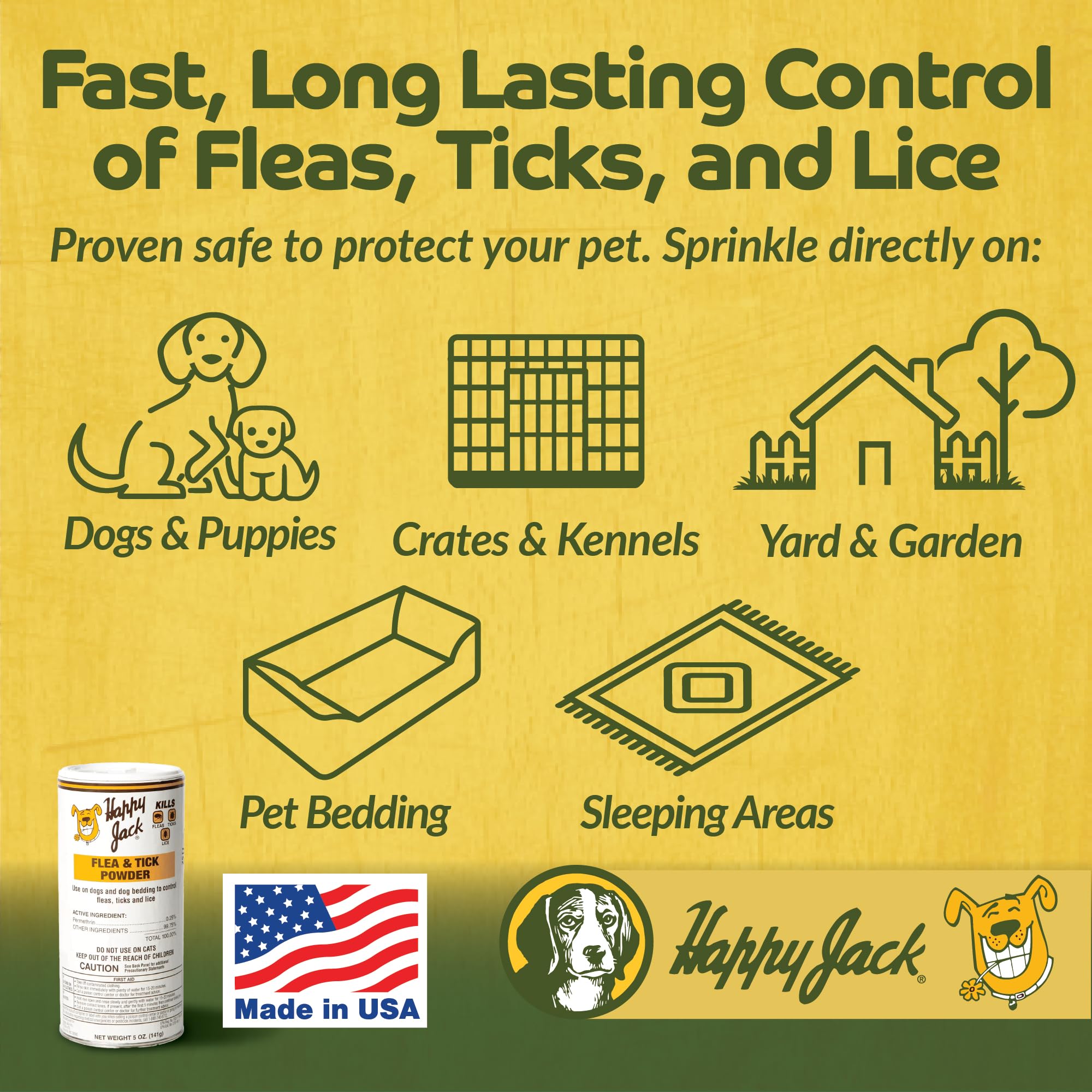 Happy Jack Flea and Tick Powder for Dogs & Puppies, Flea Powder for Carpets, Flea Treatment & Control, Kills Fleas, Ticks & Lice, Odorless & Non-Staining, Dust on Sleeping Quarters & Furniture (5 oz)