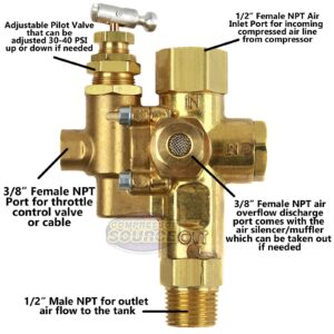 Air Compressor Pilot check valve unloader combination gas discharge 95-125 1/2" FPT TOP INLET X 1/2" MNPT OUTLET FOR GAS COMPRESSORS