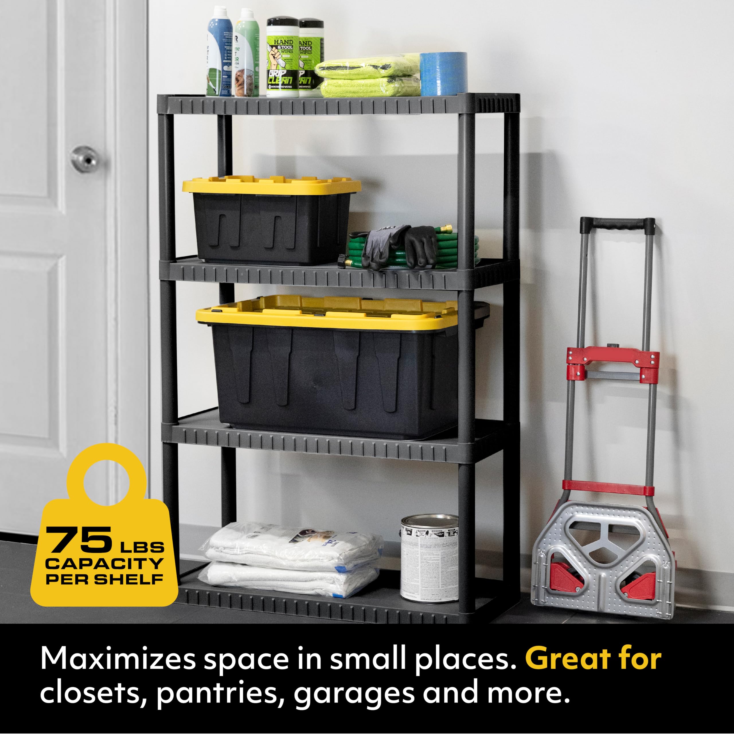 BLACK & YELLOW, 4-Tier Medium-Strength Plastic Storage Shelving Unit (Black), 75lbs per Shelf Capacity (52.1”H x 34.8”W x 14.6”D), for Indoor Storage and Organization