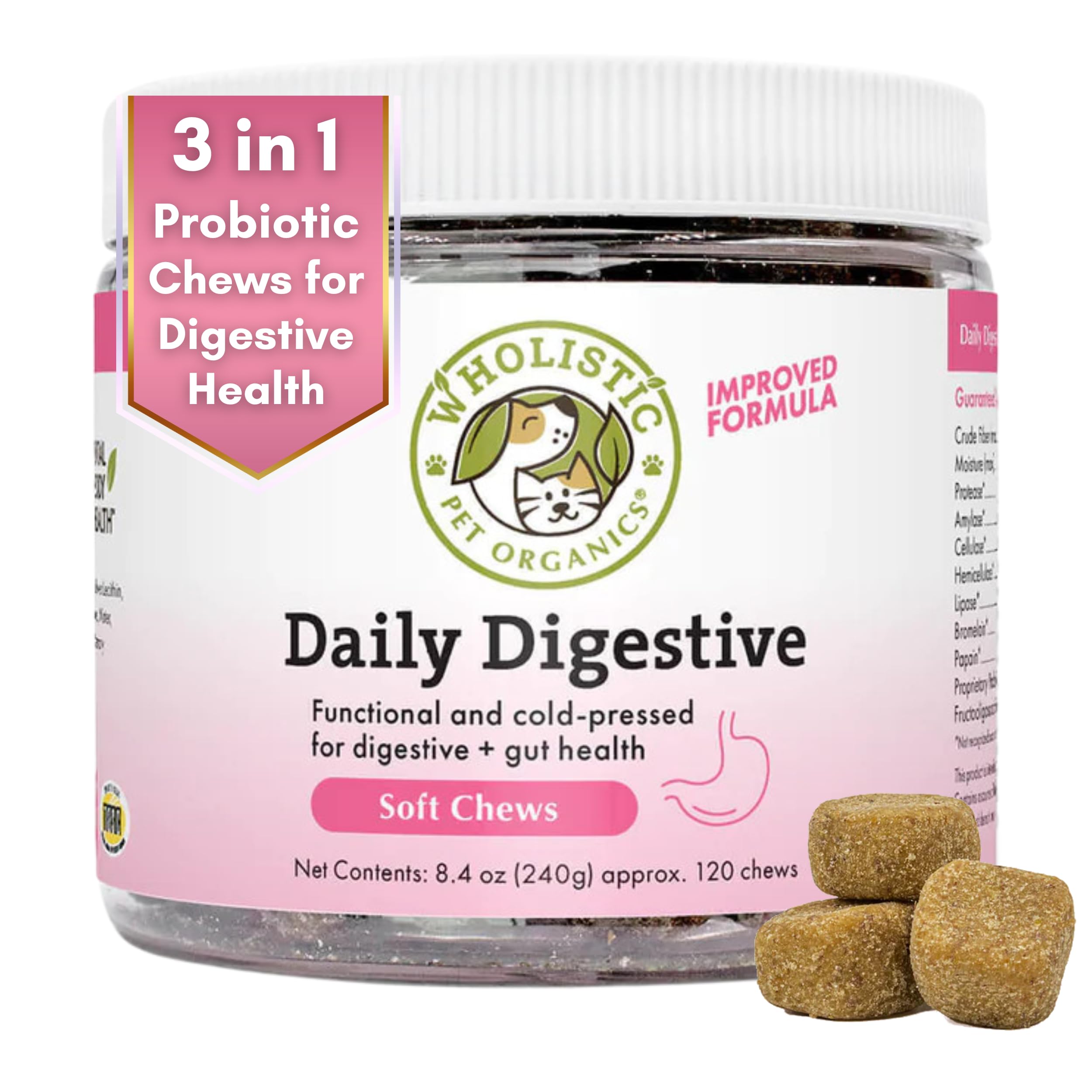 Wholistic Pet Organics:Dog Probiotics and Digestive Enzymes-Probiotic Chews for Dogs Digestive Health,Support Gut Health Immune Supplement Prevents Dog Digestive Problems (Original, 120 Count)