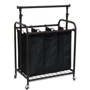 Oceanstar 3-Bag Rolling Adjustable Hanging Bar Laundry Sorter, Bronze