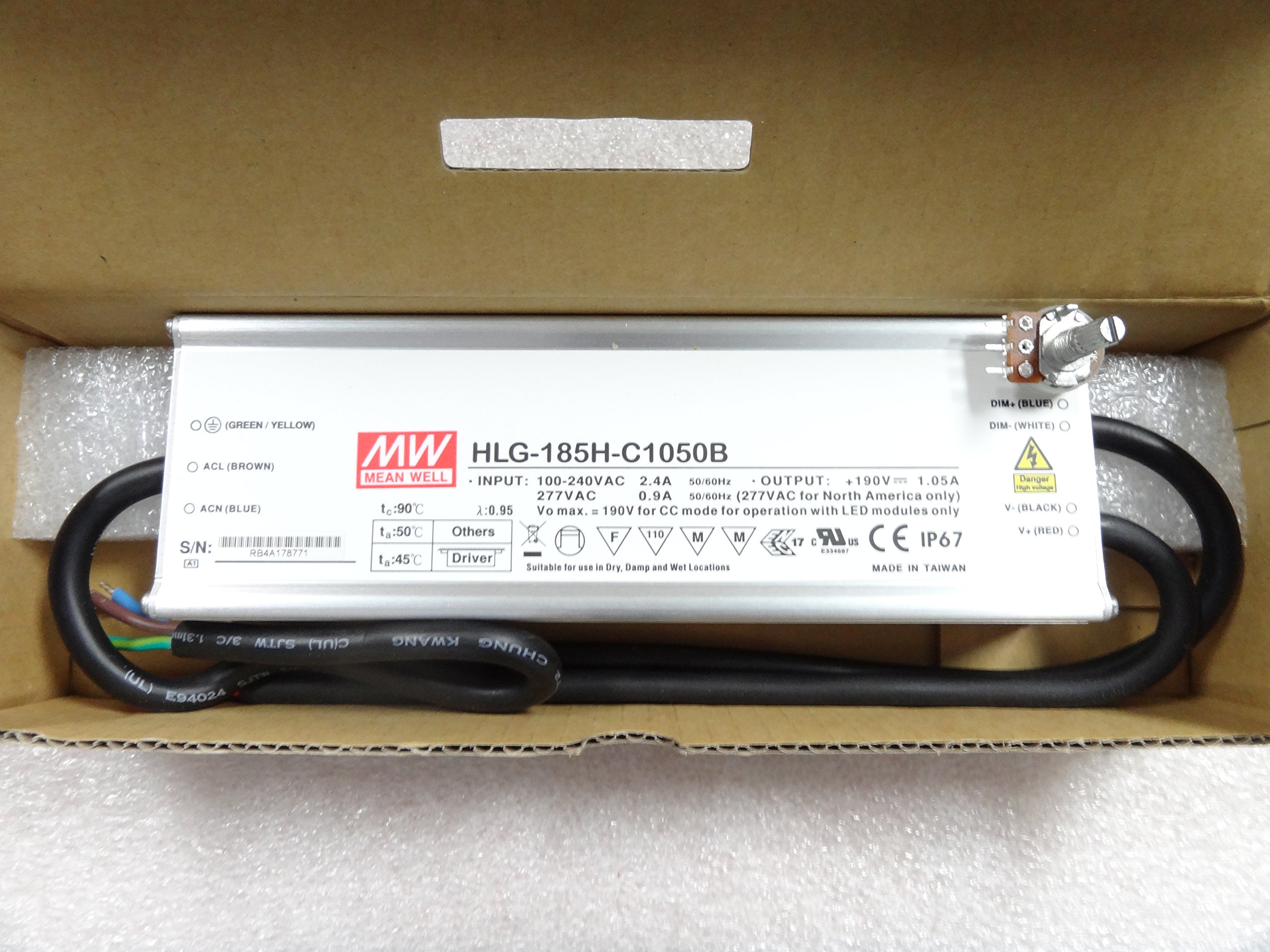 MEAN WELL HLG-185H-C1050B 200 W Single Output 1.05 A 190 Vdc Output Max IP67 Switching Power Supply - 1 item(s)