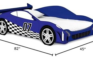 Legaré Furniture Children's Race Car Standard Bed Frame for Kids, Blue and White, Twin Size