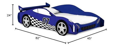 Legaré Furniture Children's Race Car Standard Bed Frame for Kids, Blue and White, Twin Size