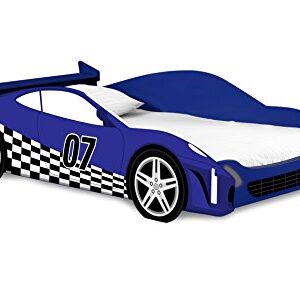 Legaré Furniture Children's Race Car Standard Bed Frame for Kids, Blue and White, Twin Size