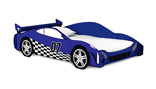 Legaré Furniture Children's Race Car Standard Bed Frame for Kids, Blue and White, Twin Size