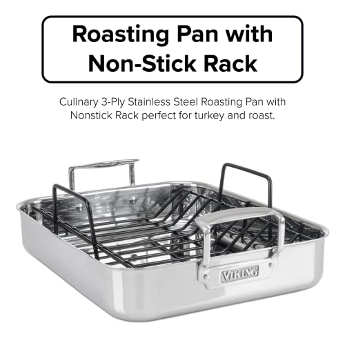 Viking Culinary 3-Ply Stainless Steel Roasting Pan, Includes a Nonstick Rack, Dishwasher, Oven Safe, Works on All Cooktops including Induction