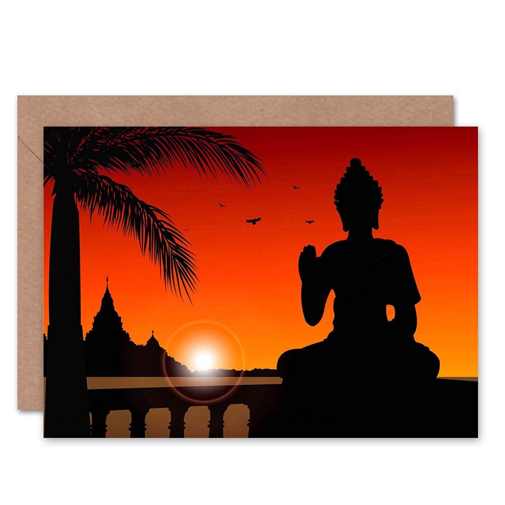 Wee Blue Coo Buddha Statue Zen Sunset Birthday Art Sealed Greeting Card Plus Envelope Blank inside