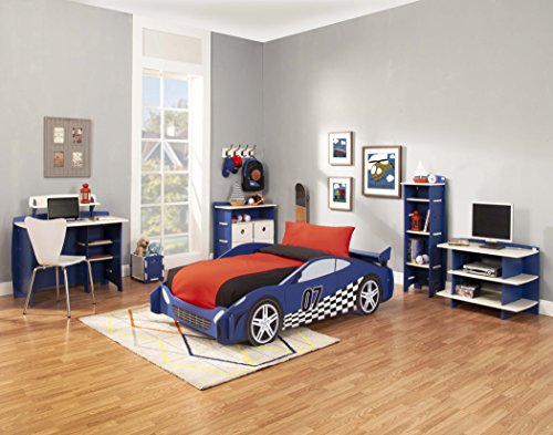 Legaré Furniture Children's Race Car Standard Bed Frame for Kids, Blue and White, Twin Size