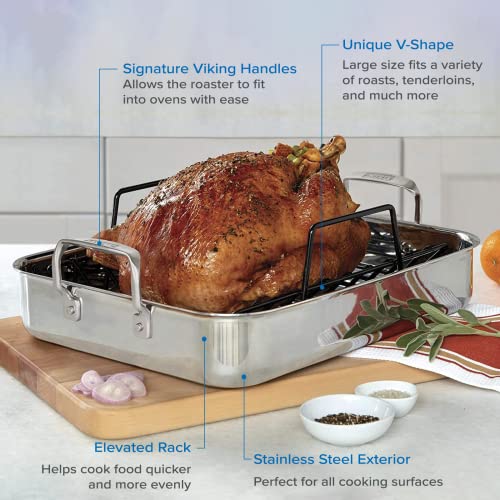 Viking Culinary 3-Ply Stainless Steel Roasting Pan, Includes a Nonstick Rack, Dishwasher, Oven Safe, Works on All Cooktops including Induction