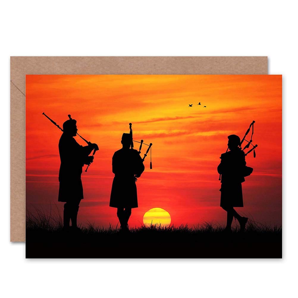 Wee Blue Coo Bagpipes Scottish Silhouette Sunset Birthday Art Sealed Greeting Card Plus Envelope Blank inside