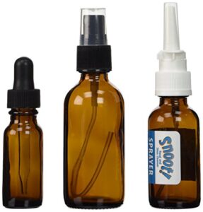 amber glass empty colloidal silver applicator 3-pack, w/ 2oz mist sprayer, 1oz nasal sprayer, and 1/2oz dropper