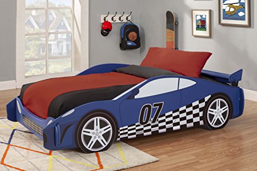 Legaré Furniture Children's Race Car Standard Bed Frame for Kids, Blue and White, Twin Size