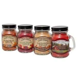 our own candle company 4 pack fall assortment mini mason jar candles - 3.5 oz caramel pecan, 3.5 oz mulled cider, 3.5 oz pumpkin spice, 3.5 oz macintosh apple