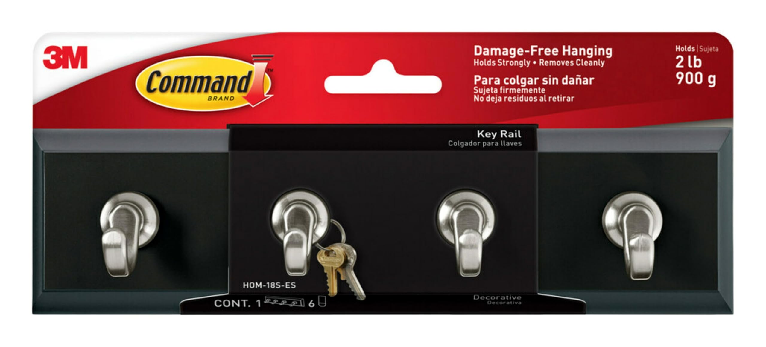 Command Key Rail, Holds up to 2 lb, 8-inch Rail with 4 Key Hooks and 6 Command Strips, Slate, Removable Key Hooks for Entryway or Hallway, Hang Keys, Hats, Dog Leashes, and Accessories