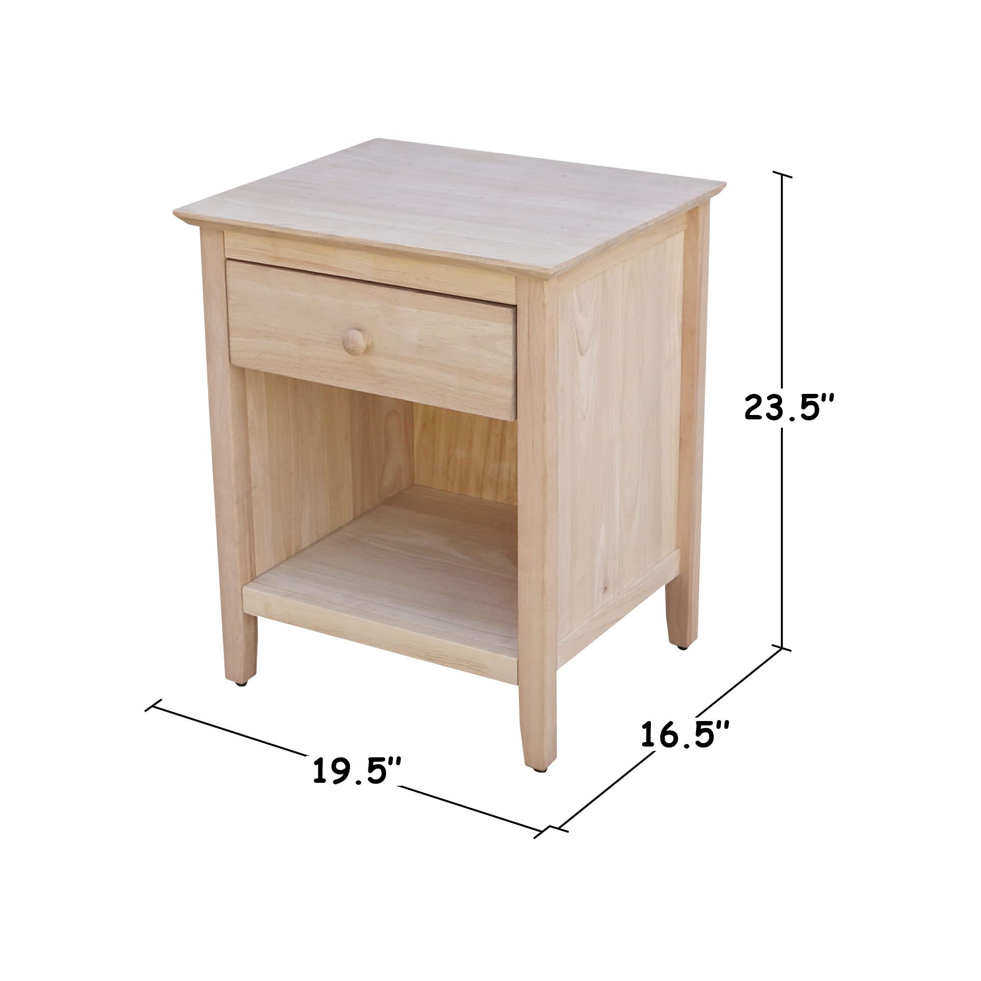 International Concepts Solid Wood Bedroom Nightstand 23.5" H, 1 Drawer, Sturdy Parawood, Paint or Stain in Any Color, Durable Eco-Friendly, Traditional and Elegant Design, Unfinished