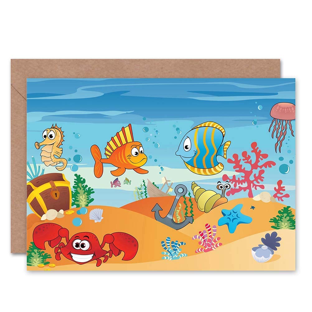 Wee Blue Coo FISH CRAB SEA CREATURES KIDS BLANK GREETINGS BIRTHDAY CARD ART