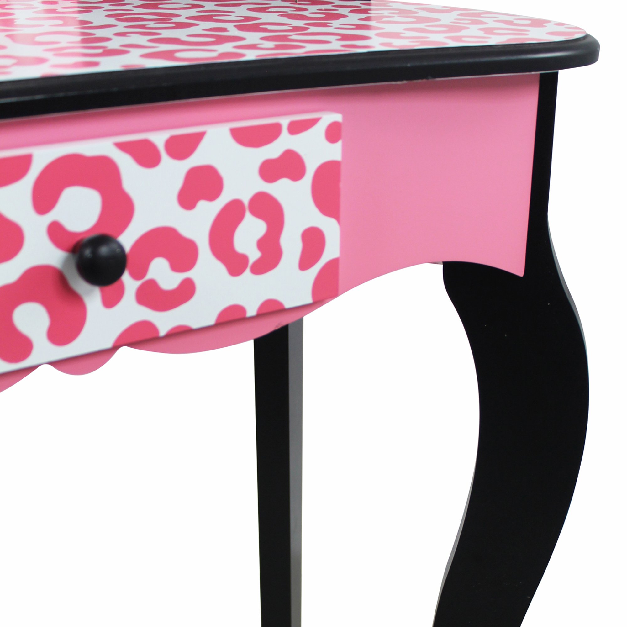 Teamson Kids Leopard Prints Wooden 2-pc. Play Vanity Set with Tri-Fold Mirror, Storage Drawer and Matching Stool to Play Dress-up, Princess or Beauty Shop, Black/Pink