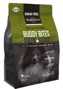 majesty's grain-free buddy bites skin and coat wafers for small / medium dogs - superior skin, coat, and immune support supplement - carob and sweet potato flavored - 28 count (up to 8 week supply)