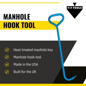 T&T Tools 30-Inch Manhole Hook Tool - Heavy Duty Single Hook for Lifting Manhole Covers, Storm Drains, Septic Tank Risers - Rigid Hex Alloy Steel Tool for Lifting, Pulling, and Removing Covers-1 Pack