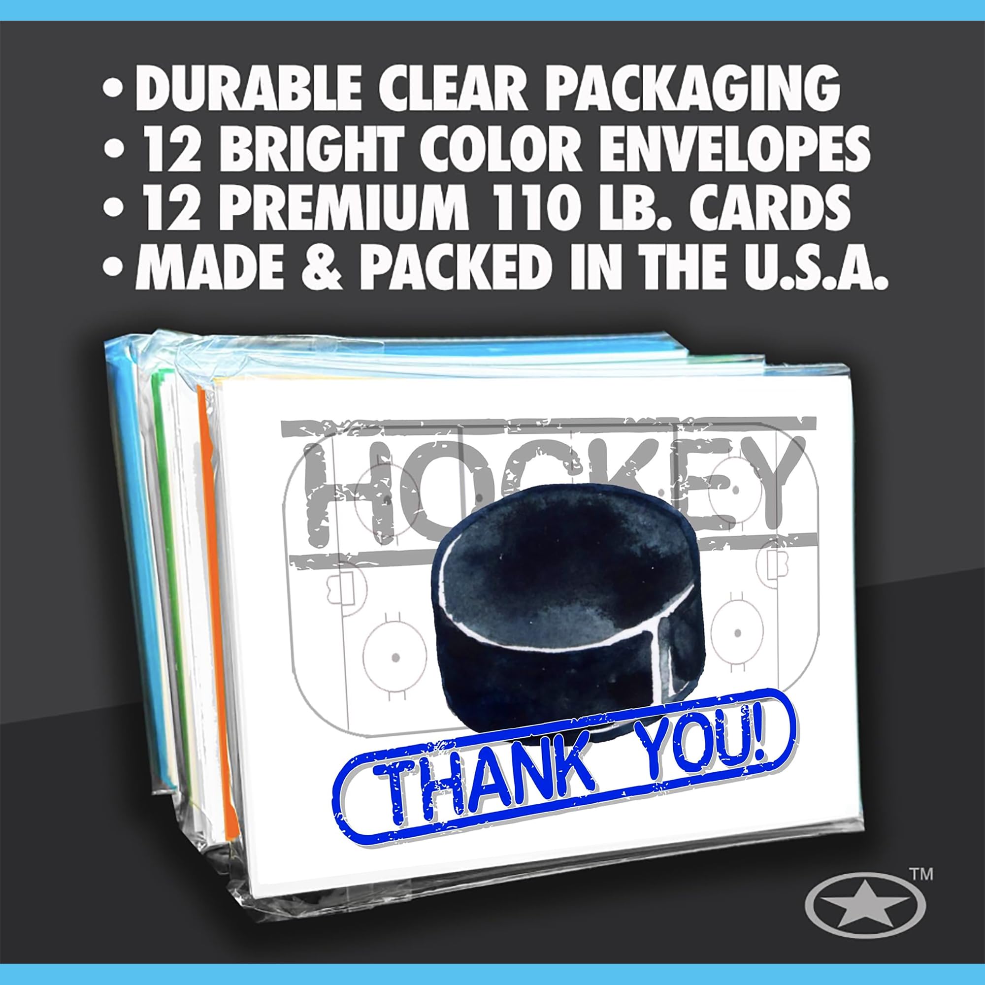 Play Strong Hockey Thank You Note Cards 12-Pack (4.25"x5.5") Illustrated Sports Powercard Note Card Set 12-Pack Perfect for Hockey Players, Coaches, Fans and Fanatics - They'll Love 'Em!