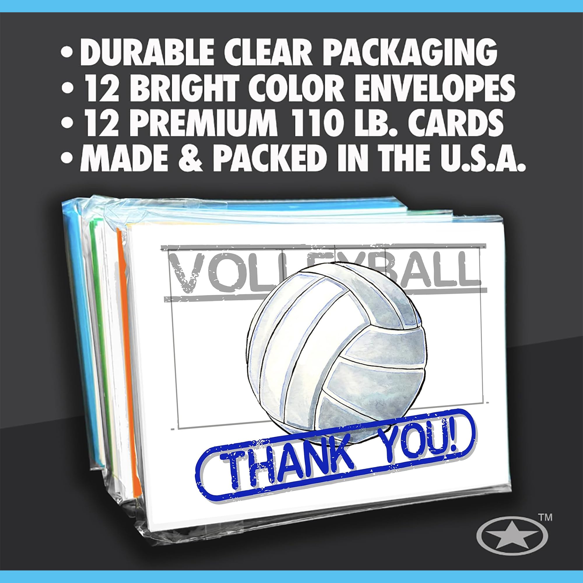 Play Strong Volleyball Thank You Note Cards 12-Pack (4.25"x5.5") Illustrated Sports Powercard Note Card Set 12-Pack Perfect for Volleyball Players, Coaches, Fans and Fanatics - They'll Love 'Em!