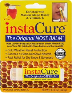 instacure original nose balm. fast relief for cracked dry & sore noses with raw manuka honey vitamin e shea butter aloe vera oil. heals dog’s dry cracked nose (1 pack)