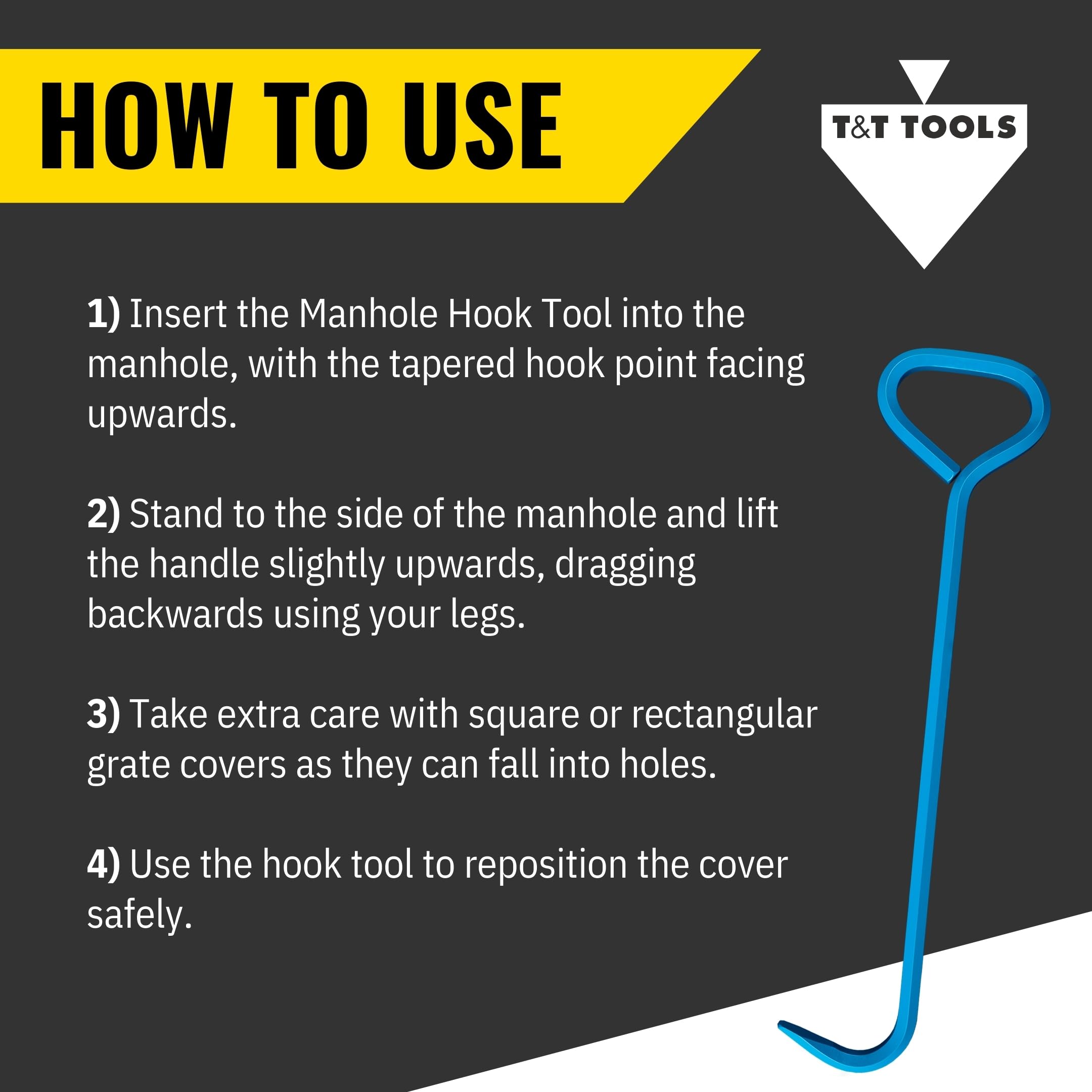 T&T Tools 30-Inch Manhole Hook Tool - Heavy Duty Single Hook for Lifting Manhole Covers, Storm Drains, Septic Tank Risers - Rigid Hex Alloy Steel Tool for Lifting, Pulling, and Removing Covers-1 Pack