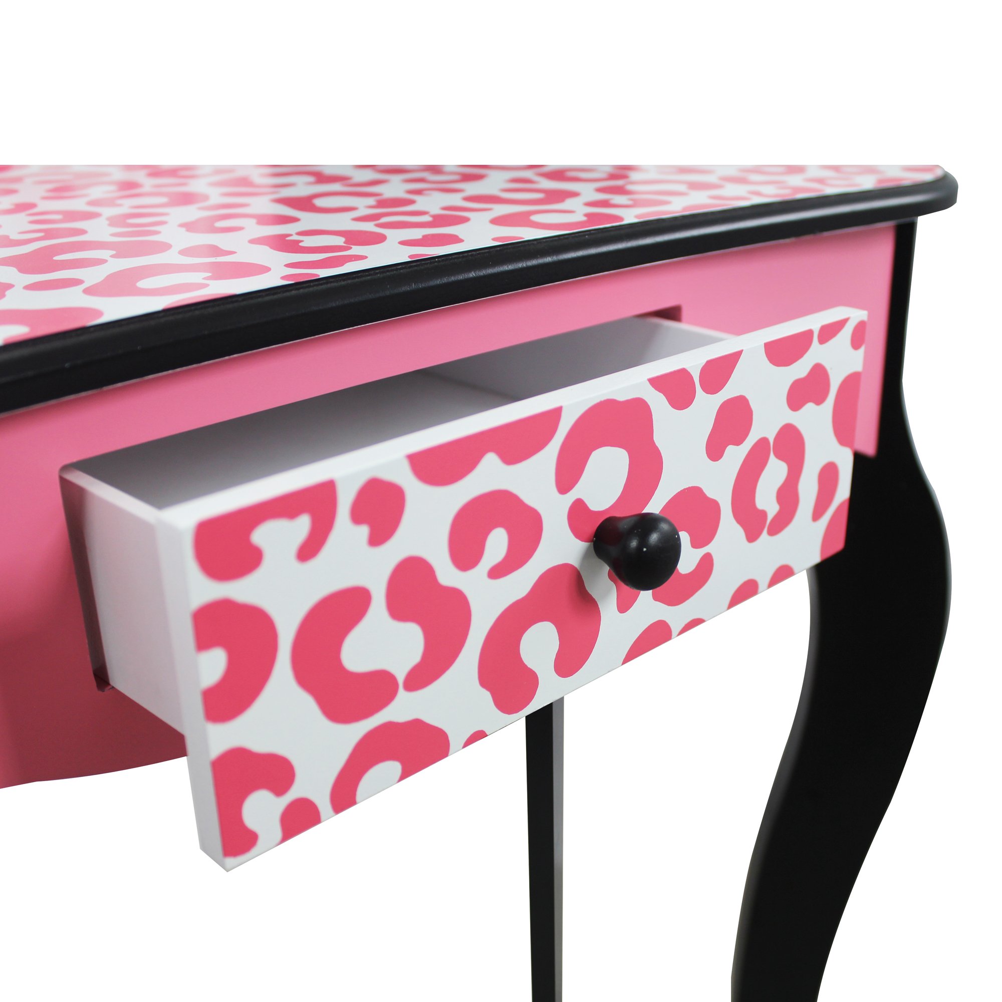 Teamson Kids Leopard Prints Wooden 2-pc. Play Vanity Set with Tri-Fold Mirror, Storage Drawer and Matching Stool to Play Dress-up, Princess or Beauty Shop, Black/Pink