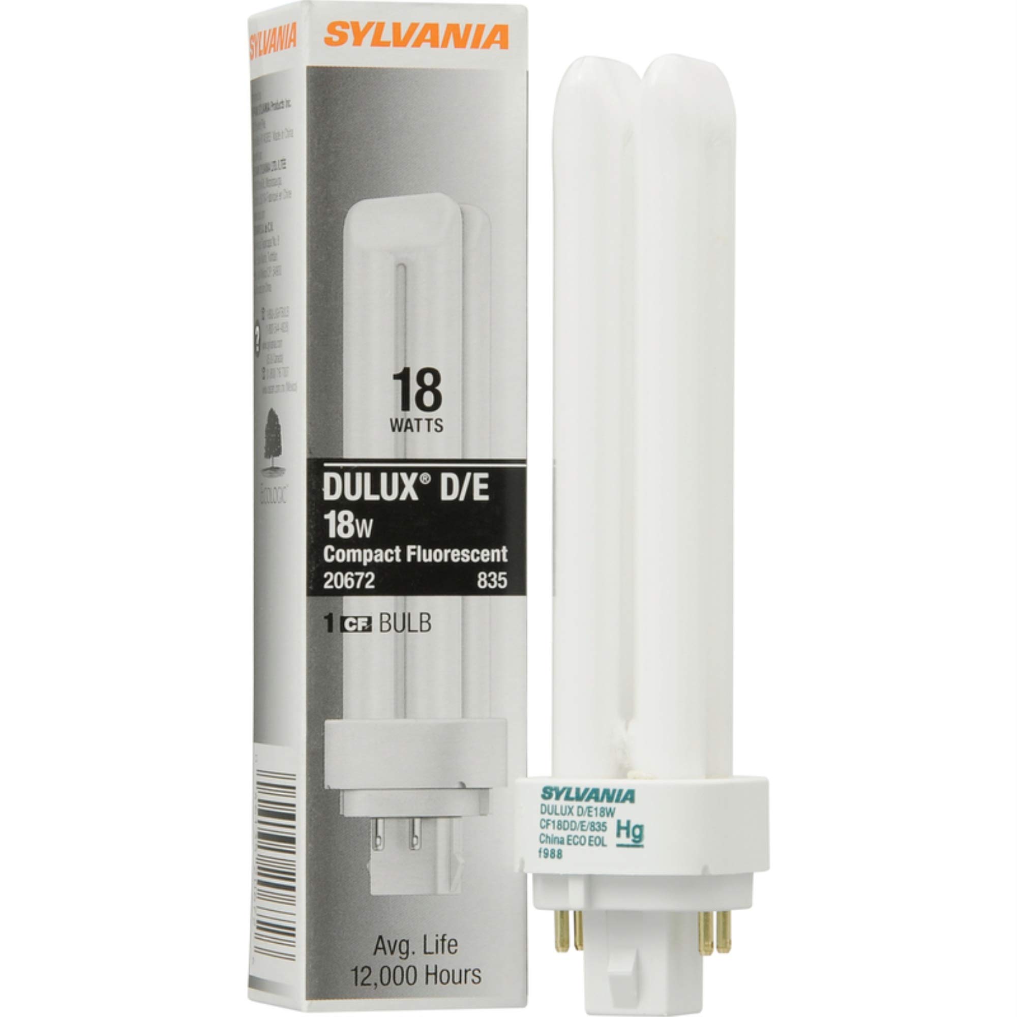 Sylvania (10 Pack) 20672 CF18DD/E/835/ECO 18-Watt 3500K 4-Pin Double Tube Compact Fluorescent Lamp, 10 Count (Pack of 1), White