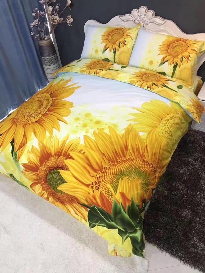 Newrara Sunflower 4pcs Queen Size 100% Cotton 800 Thread Count Bedding Sets Duvet Cover Set Bed Sets Bed Cover Set Quilt Cover Set Bedclothes Bedspread Bed Sheets Sets Bed Linens Bed in a Bag