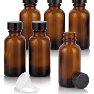 1 oz / 30 ml Amber Glass Boston Round Bottle with Airtight Phenolic Cap (6 Pack) + Funnel